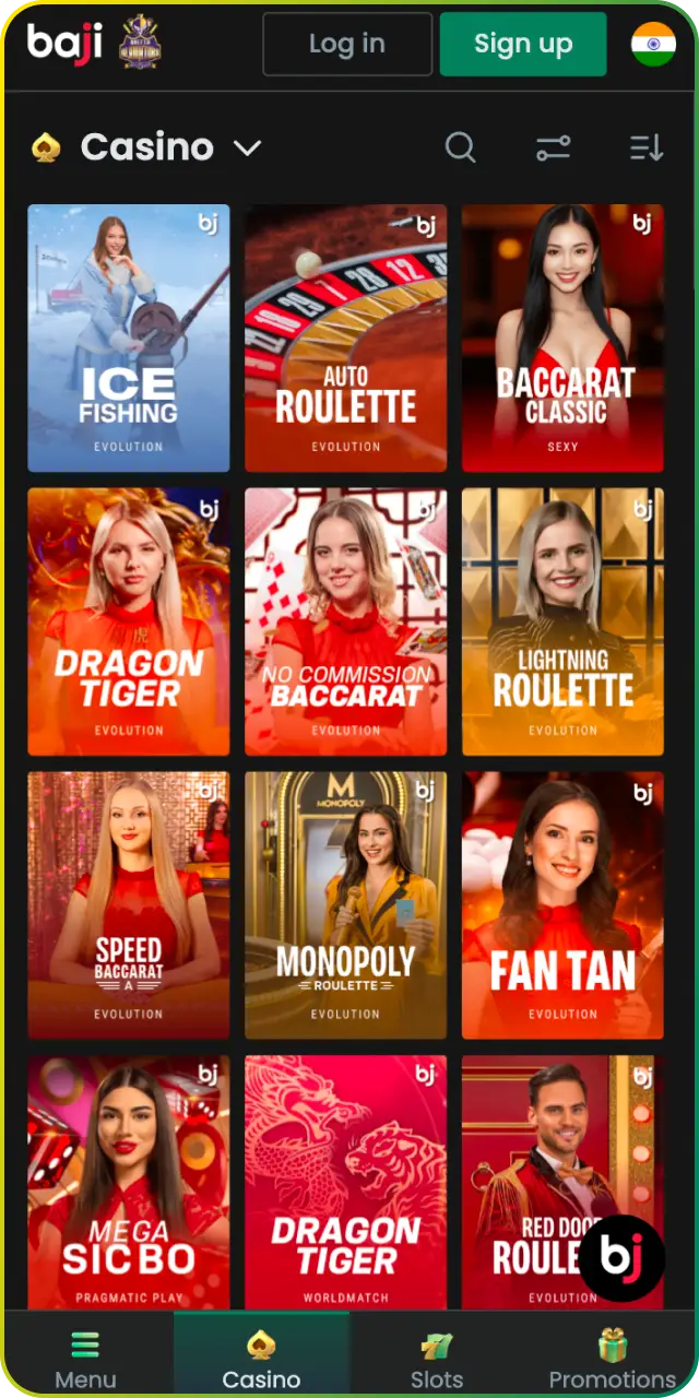 Access all casino games directly through the Baji App casino.