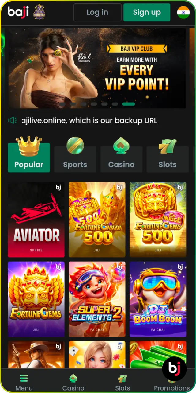 Explore the main page interface of the Baji App for seamless navigation.