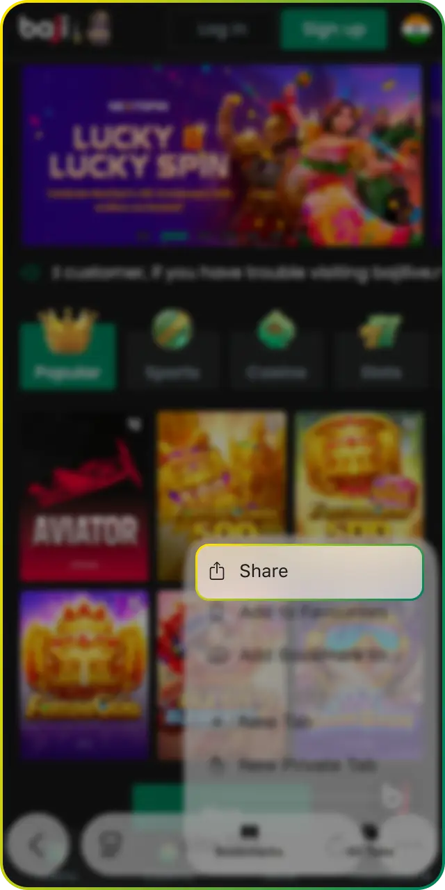 Tap the Share icon to open the installation options for the Baji App.