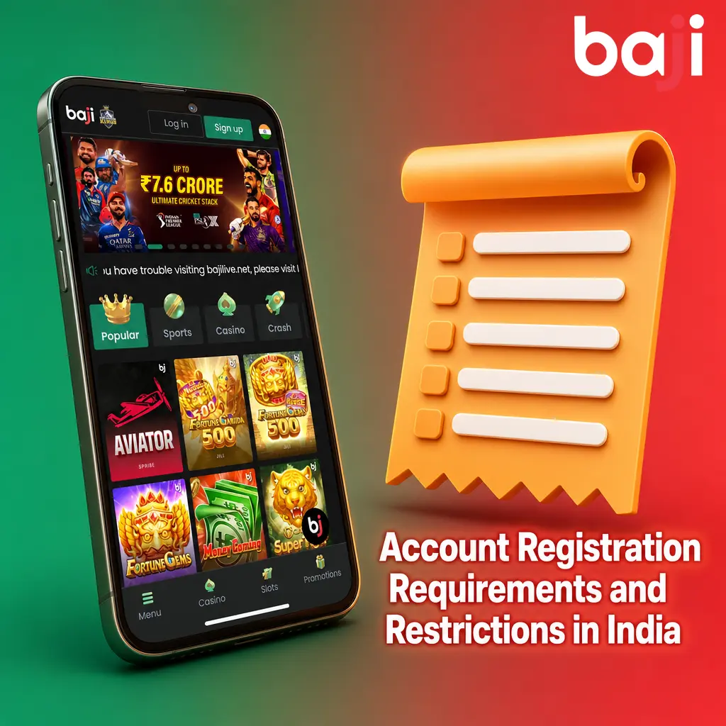 Baji registration requirements in India: age 18+, one account per user, valid KYC details, and accepted terms