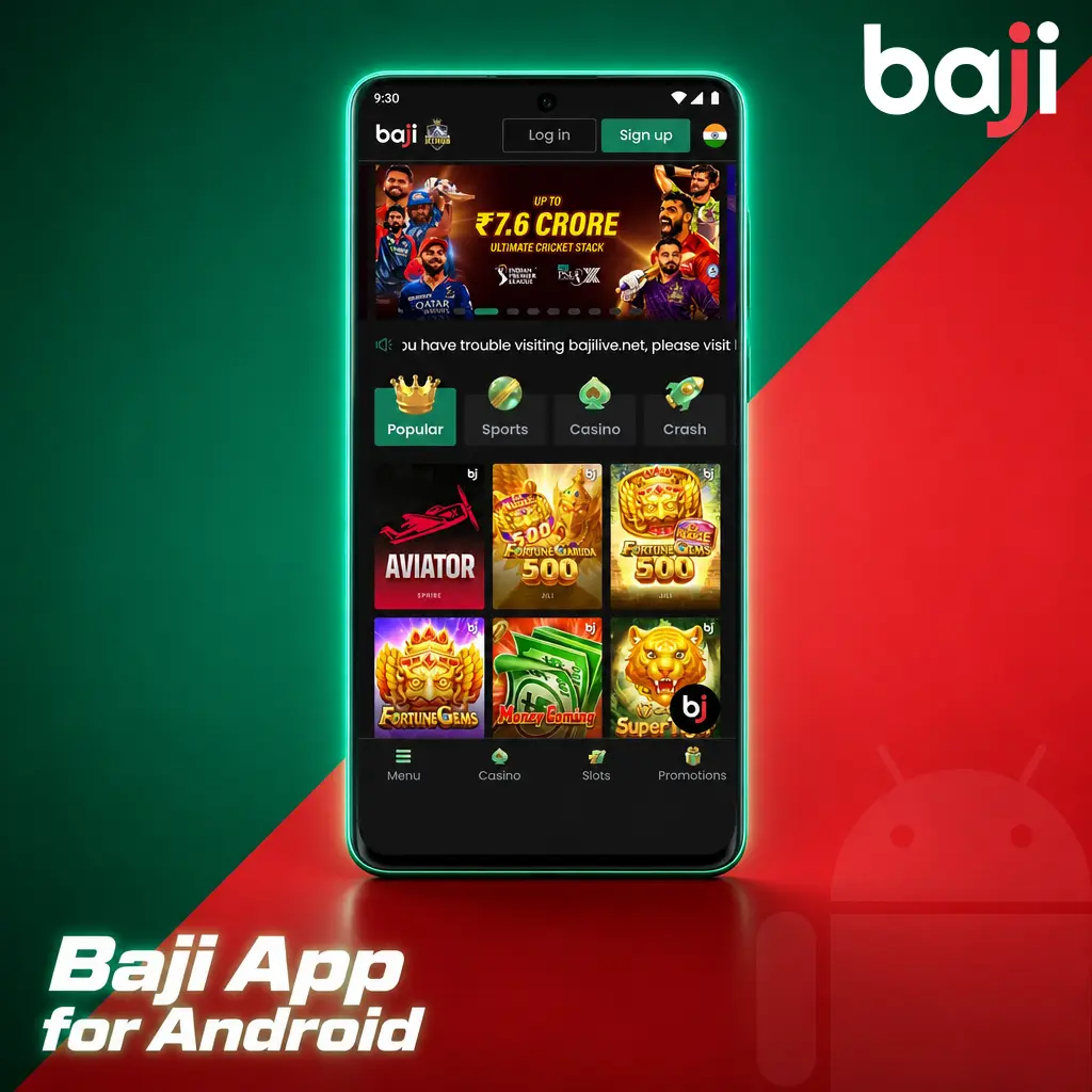 Baji Android app APK download page showing storage, RAM and installation requirements for mobile devices