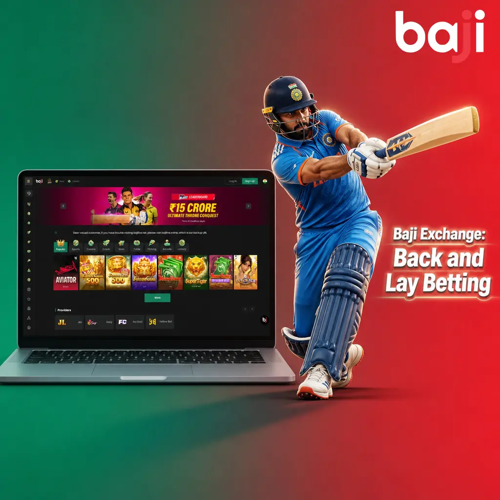 Baji Exchange interface showing Back and Lay betting odds for cricket, football, and tennis markets