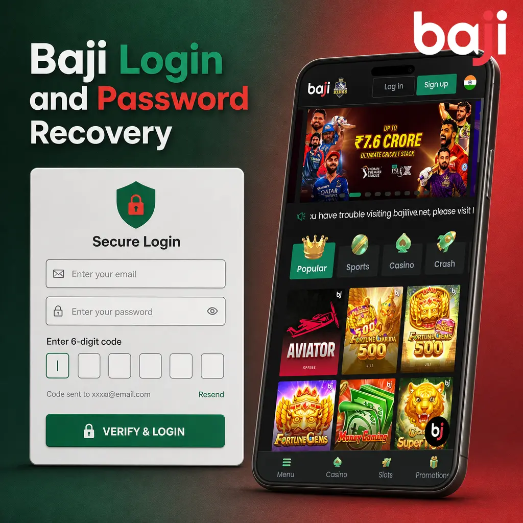 Baji login screen showing fields to enter mobile number or email and password, with Forgot Password option for recovery