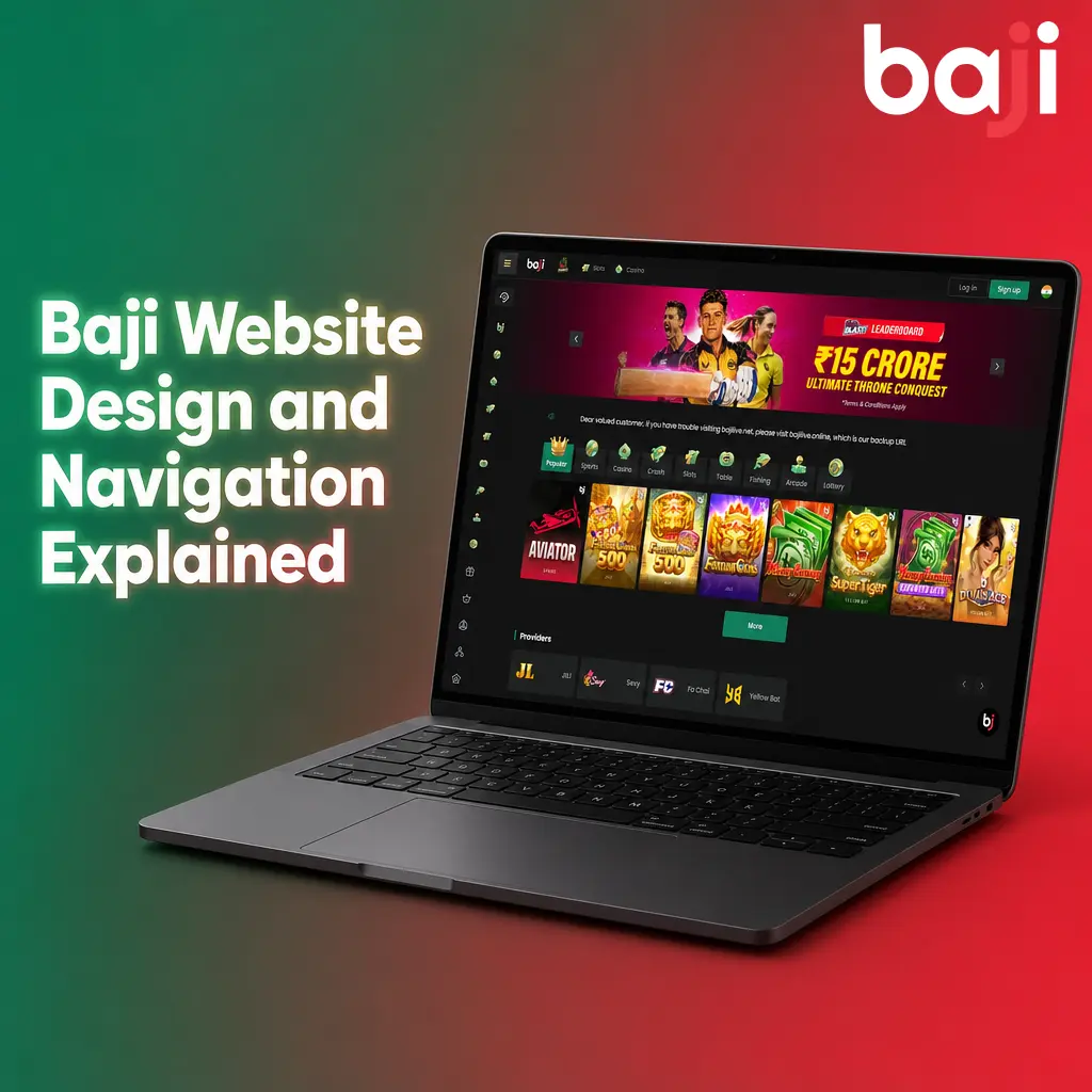 Baji website dark-themed layout with green and red accents, showing fixed top menu for sports, casino, and account navigation.