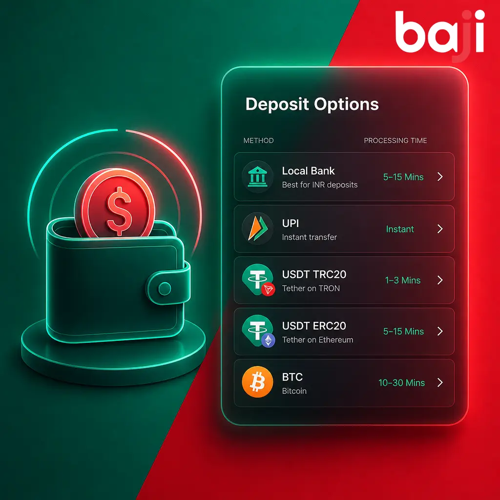 Baji App Wallet tab showing INR deposit and withdrawal options via Bank Transfer, UPI, USDT and BTC