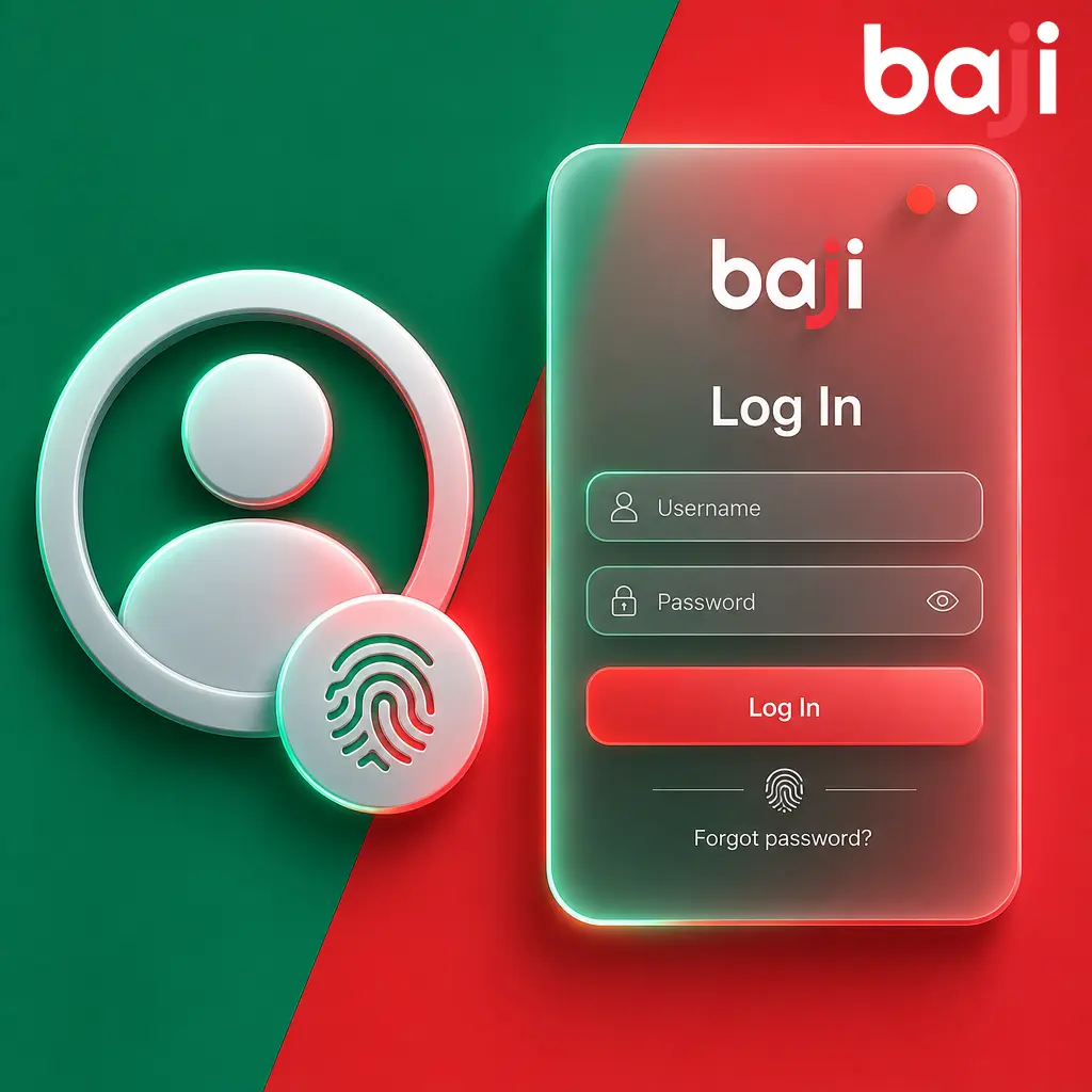 Step-by-step guide showing how to log in to the Baji App using username, password, or fingerprint/Face ID