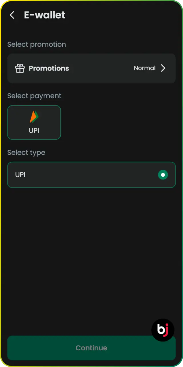 Fund your account using secure payment methods on the Baji Android app.