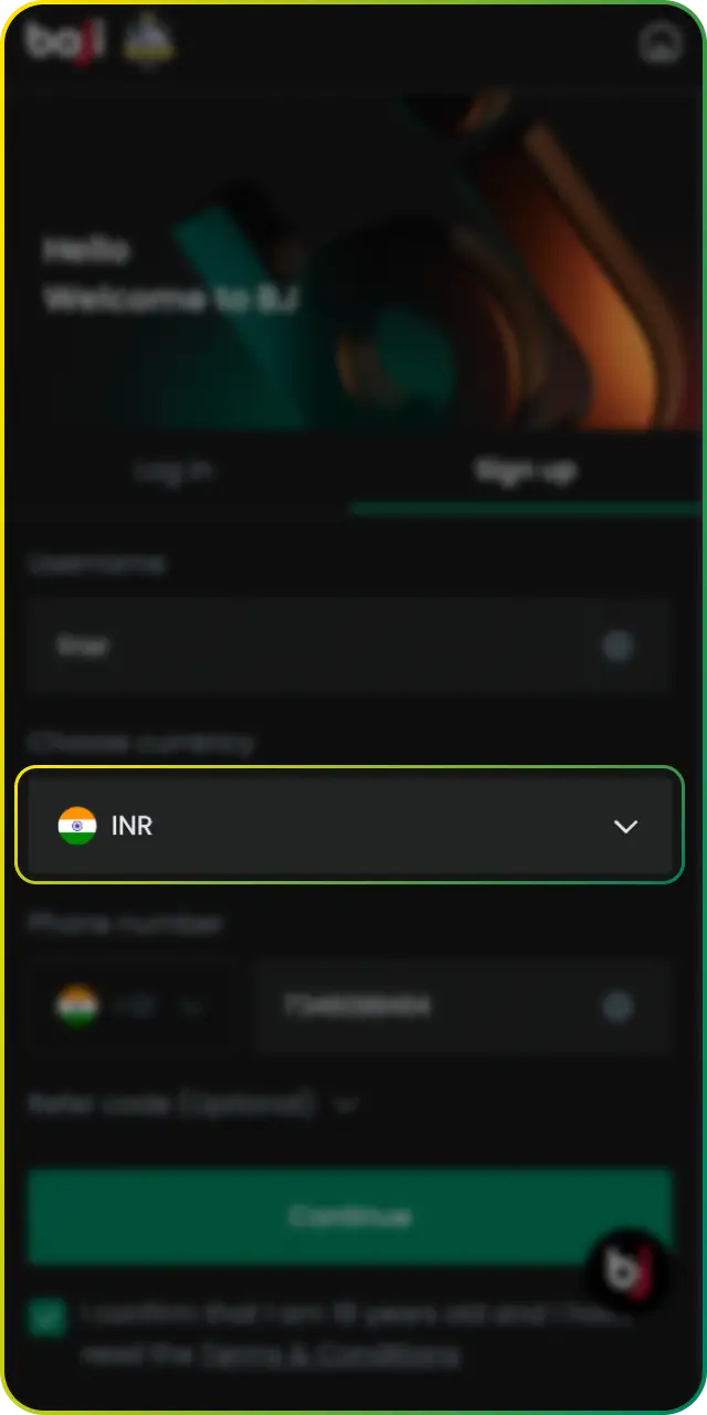 Set account currency during registration to complete your Baji profile details.