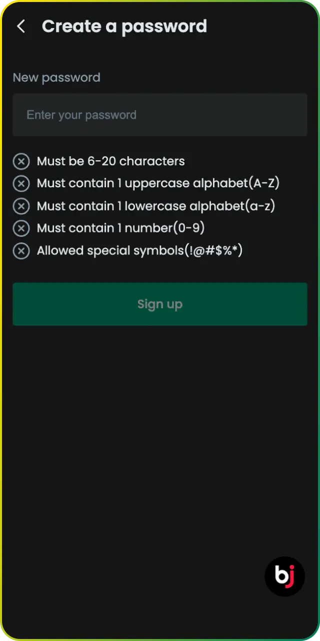 Create a secure password to keep your new Baji registration protected today.