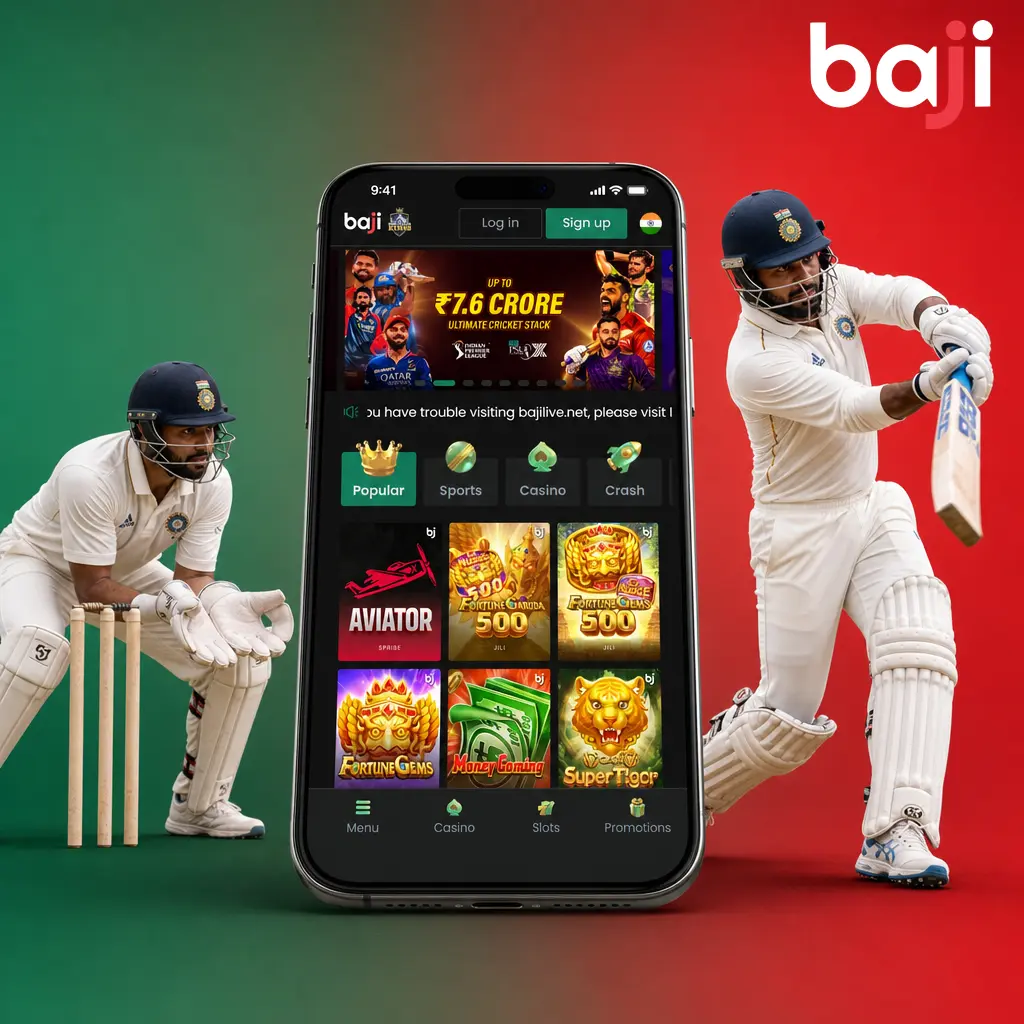 Baji app for mobile cricket betting on Android and iOS with live scores, odds, and quick cashier deposit options.